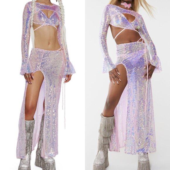 DollsKill Club Exx Rave Set Bra Shrug Skirt Purple Pink Sequin Fairy Mermaid - Picture 4 of 7
